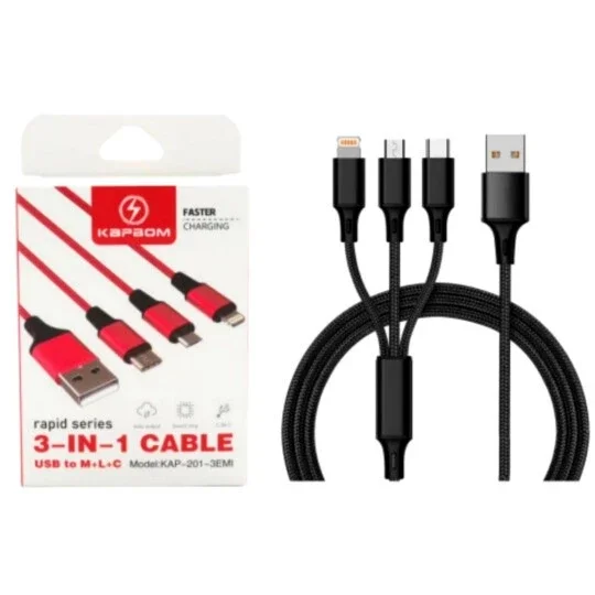 CABO USB 3 EM 1 KAPBOM KAP-201 TIPO C / IPHONE / MICRO USB 120CM PRETO(A)